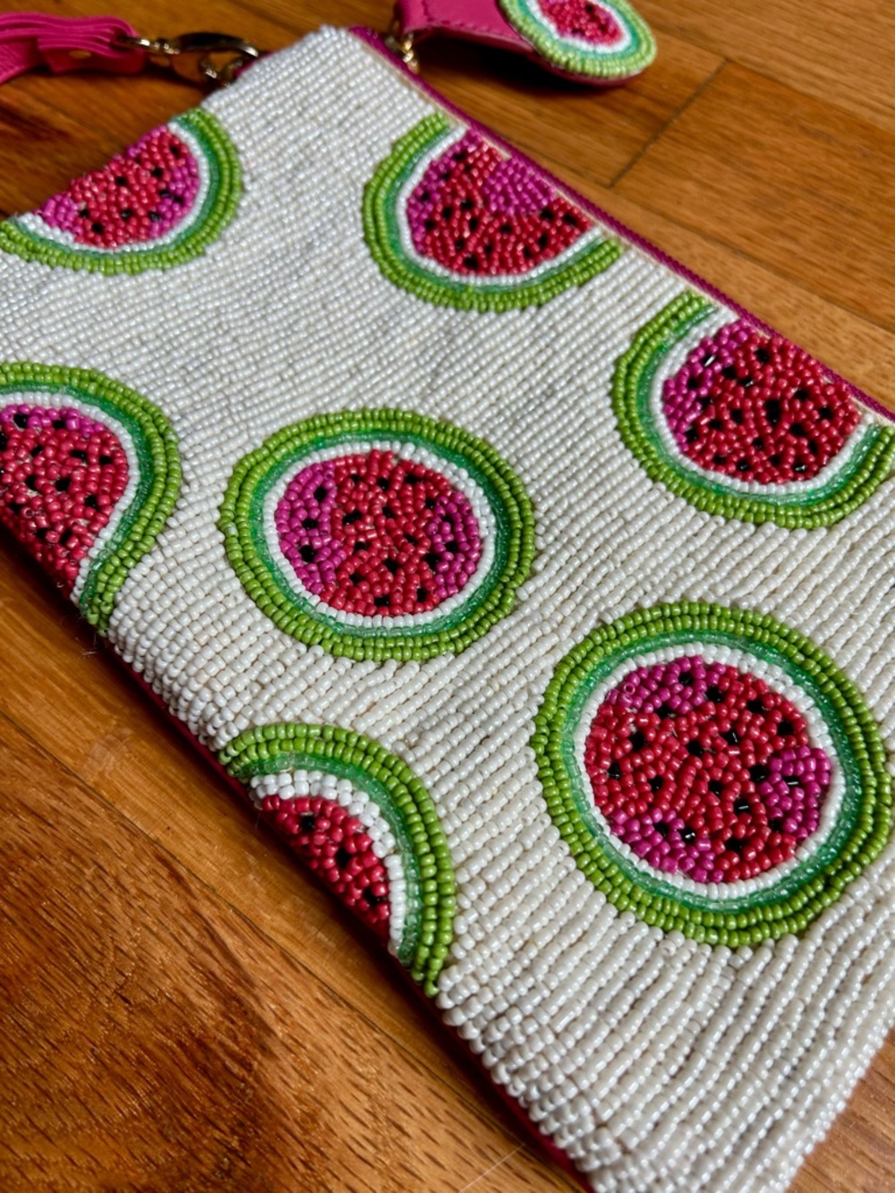 Chico's Pink & Green Watermelon Fruit Beaded Boho Wristlet Clutch Summer Fun - Picture 5 of 12